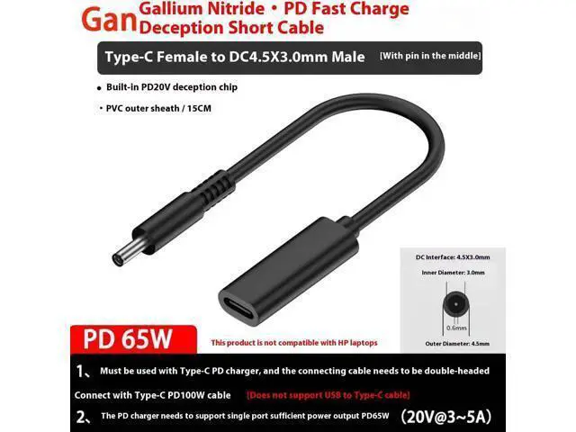 Alt view image 2 of 7 - 100W PD Power Charger Tip USB C to Slim Laptop Charging Cable Adapter Converter for D-ELL Laptop 18-20V (Dedicated for D-ELL (for 45W/65W/90W Power), 4.5mm Small Head)