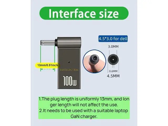 Alt view image 2 of 7 - USB C to Slim Laptop 100W PD Power Charger 4.5mm Connector Tip Fit for All 65W/45W D-ELL laptops with Round Power Connector, Including Inspiron 13 14 15,3000 5000 7000 Series, XPS, Vostro Series Cable