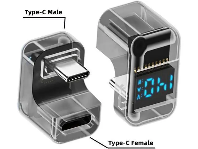 Alt view image 2 of 7 - Adapter Transparent Type-C Smart LED Display USB-C Male to Female Extension Adapter USB4.0 40Gbps 140W Opposite U Shape Back Angled Current Voltage Monitoring