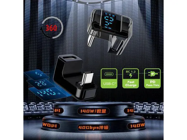 Alt view image 6 of 7 - Adapter Transparent Type-C Smart LED Display USB-C Male to Female Extension Adapter USB4.0 40Gbps 140W Opposite U Shape Back Angled Current Voltage Monitoring