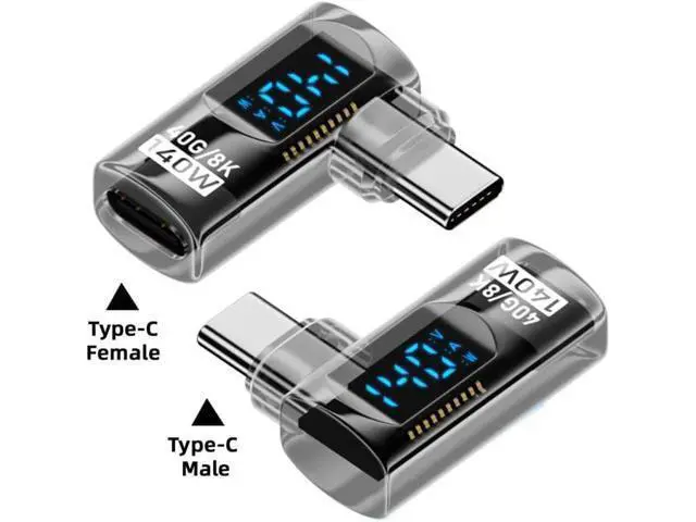 Alt view image 2 of 7 - Adapter Transparent Type-C Smart LED Display USB-C Male to Female Extension Adapter USB4.0 40Gbps 140W Left Right Angled 90 Degree Current Voltage Monitoring