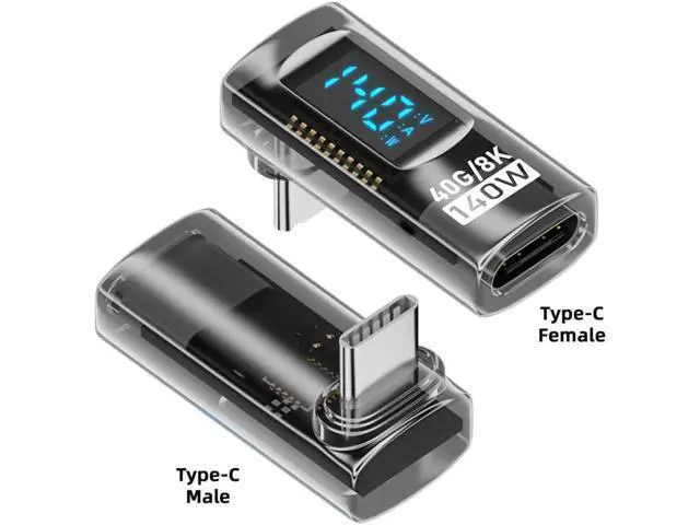 Alt view image 2 of 7 - Adapter Transparent Type-C Smart LED Display USB-C Male to Female Extension Adapter USB4.0 40Gbps 140W Up Down Angled 90 Degree Current Voltage Monitoring