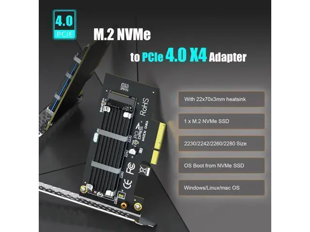 Alt view image 2 of 7 - M.2 NVMe to PCIe 4.0 X4 Adapter with Heatsink (22x70mm) for NVMe SSD