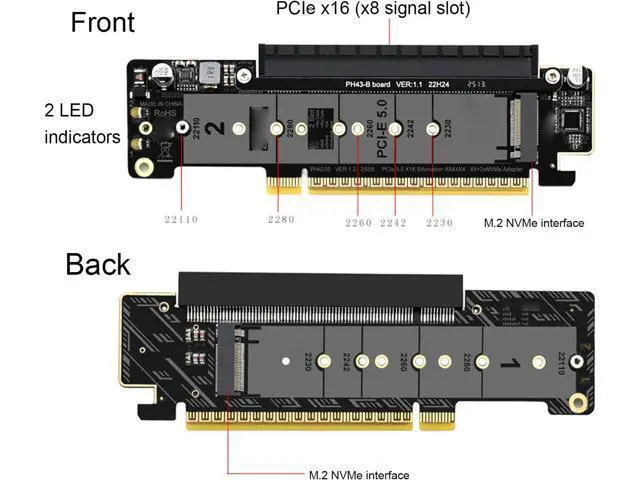 Alt view image 4 of 7 - PCIe 5.0 x16 to Dual M.2 Adapter Card, Supports x8x4x4 Bifurcation for NVMe SSD, M - Key Expansion for 2230/2242/2260/2280/22110, High Speed Storage Extender