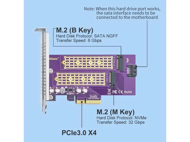 Alt view image 4 of 7 - 2-Port M.2 NVMe to PCIe 3.0 X4 Adapter M-Key and B-Key, NVME/AHCI SSD to PCIe Expansion Card, Supports 2230, 2242, 2260 and 2280 Drives, with Full Height and Low Profile Bracket