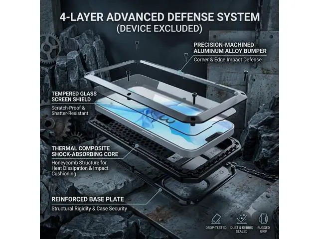 Alt view image 4 of 7 - for iPhone 13 Case, 360 Full Body Protective Cover Heavy Duty Shockproof Tough Armour Aluminum Metal Case with Silicone Built-in Screen Protector for Apple iPhone 13 6.1 Inch - Black