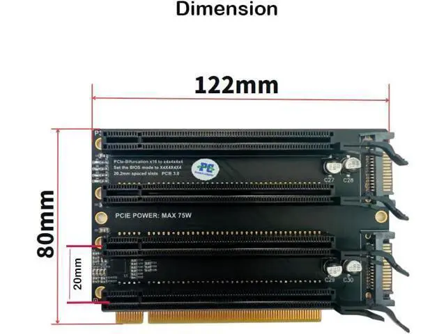 Alt view image 5 of 6 - Sintech PCI-e 3.0 16X to 4 Ports PCIe 4X/16X Expansion Card,PCIe Bifurcation x16 to x4x4x4x4 Split Card with SATA Power Port