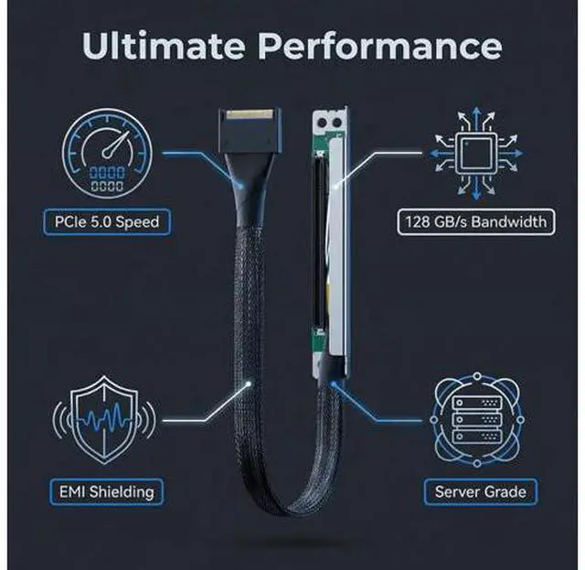 Alt view image 2 of 7 - PCIe 5.0 to Dual MCIO Riser Cable, 350mm PCIe x16 to 2X MCIO 8i 74P Extension Cable for GPU/NVMe SSD Expansion in Server Workstation (Single MCIO, 350MM)