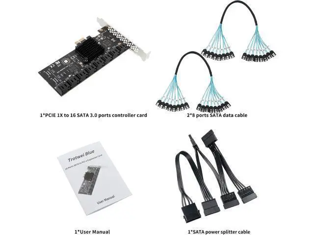 Alt view image 7 of 7 - SATA Expansion Card PCIe X1 to 16-Port SATA3.0 SSD 6Gbps Controller Adapter Card with 2X 8 to 8 Bundle Cables for Win10/8/7/XP/Vista/Linux (16 Port SATA)