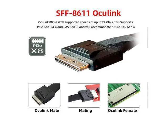Alt view image 5 of 6 - SFF-8611 to SFF-8654 Cable,OCuLink PCIe PCI-Express SFF-8611 8X 8-Lane to 2 SFF-8654 Slimline 4X SSD Data Active Cable 50cm