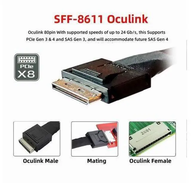 Alt view image 5 of 6 - SFF-8611 to SFF-8611 Cable,OCuLink PCIe PCI-Express SFF-8611 8X 8-Lane Male to Male SSD Data Active Cable 50cm