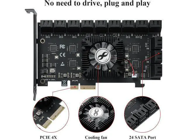 Alt view image 3 of 7 - 24-Port SATA III PCIe Expansion Card (ASM1064*6+1812 Chipset) - 24 SATA 6Gbps Adapter for JBOD/Enterprise Storage - Non-RAID | Includes Flat Bracket | Supports Windows/Linux/macOS
