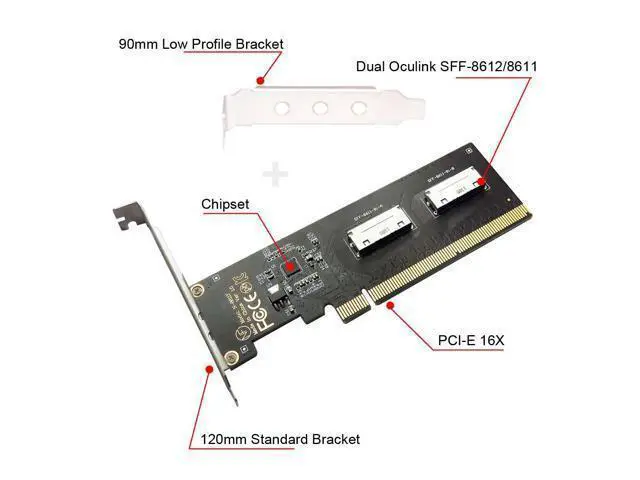 Alt view image 6 of 7 - Oculink to PCIe 4.0 X16 Adapter 2 Port SFF-8611/8612 8i to PCI Express Expansion Card Adapter with 8cm/12cm Slot Bracket