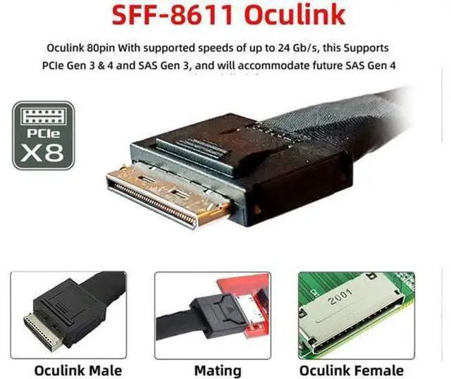 Alt view image 5 of 7 - 50cm OCuLink PCIe PCI-Express SFF-8611 8X 8-Lane to Dual SFF-8639 U.2 4X SSD Data Active Cable