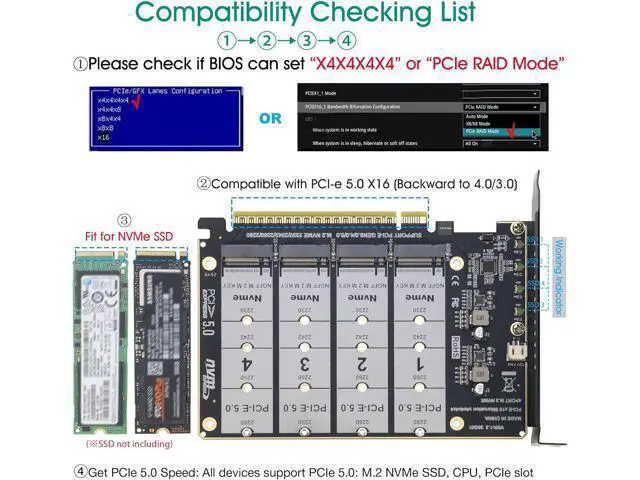 Alt view image 2 of 7 - Quad NVMe PCIe 5.0 Adapter with Fan, PCIe 5.0 x16 to 4X NVMe SSD Card (Comptible with PCI-e Bifurcation Motherboard)