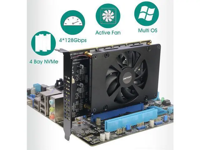 Alt view image 3 of 7 - Quad NVMe PCIe 5.0 Adapter with Fan, PCIe 5.0 x16 to 4X NVMe SSD Card (Comptible with PCI-e Bifurcation Motherboard)