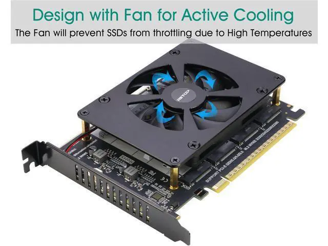 Alt view image 4 of 7 - Quad NVMe PCIe 5.0 Adapter with Fan, PCIe 5.0 x16 to 4X NVMe SSD Card (Comptible with PCI-e Bifurcation Motherboard)