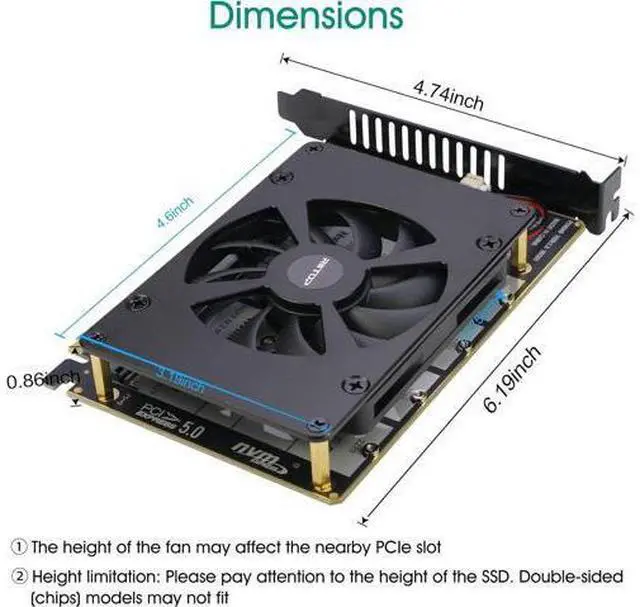 Alt view image 5 of 7 - Quad NVMe PCIe 5.0 Adapter with Fan, PCIe 5.0 x16 to 4X NVMe SSD Card (Comptible with PCI-e Bifurcation Motherboard)