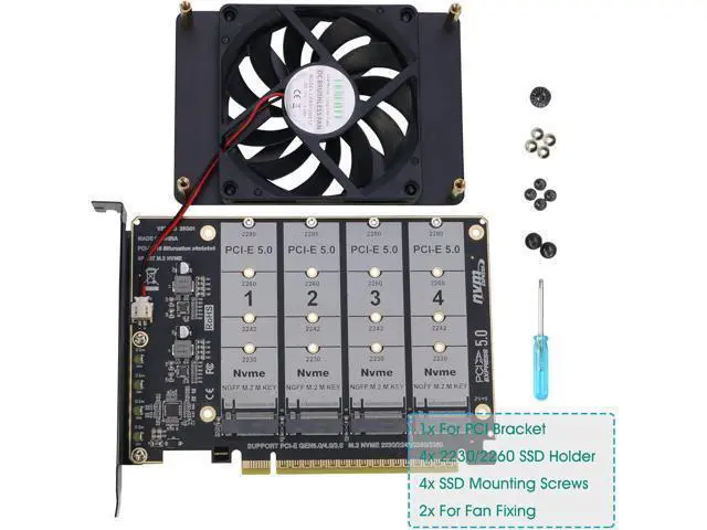 Alt view image 7 of 7 - Quad NVMe PCIe 5.0 Adapter with Fan, PCIe 5.0 x16 to 4X NVMe SSD Card (Comptible with PCI-e Bifurcation Motherboard)