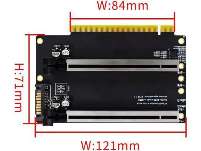 Alt view image 2 of 7 - PCI-E 4.0 x16 1 to 2 Expansion Card Gen3 Split Card PCIe-Bifurcation x16 to x8x8 with 20mm Spaced Slots CPU4P Power Supply Port (with 4Pin Cable Higher)