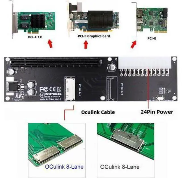 Alt view image 6 of 7 - 8X Oculink SFF-8612 8611 to PCIE PCI-Express 16x Adapter with ATX 24pin Power Port for Mainboard Graphics Card