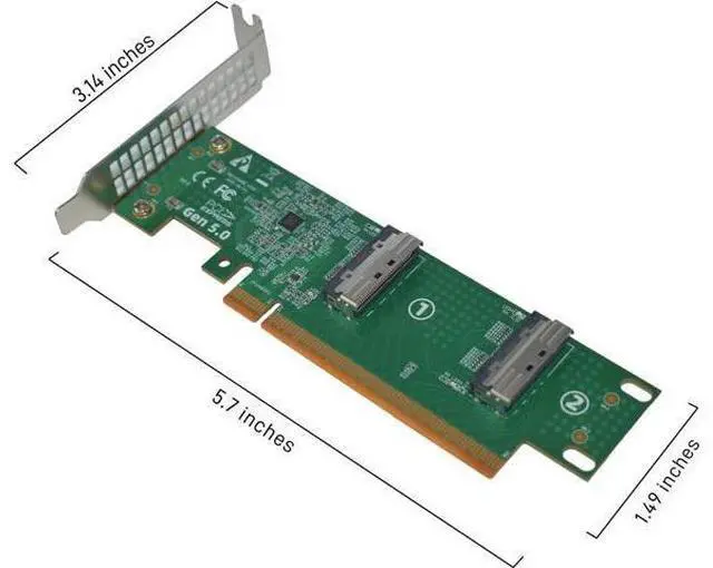 Alt view image 2 of 5 - PCIe 5.0 x16 to 2 MCIO x8 Adapter Card for 4 U.2 NVMe SSD (Side Right Interface)