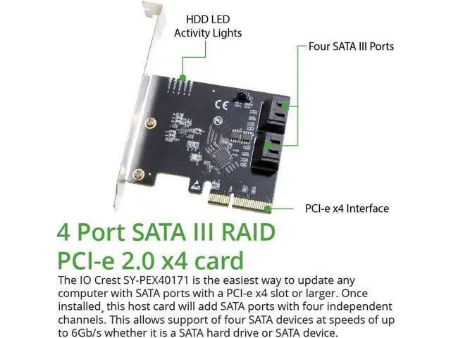 Alt view image 2 of 5 - 4 Port SATA III to PCI-e x2 RAID Expansion Card