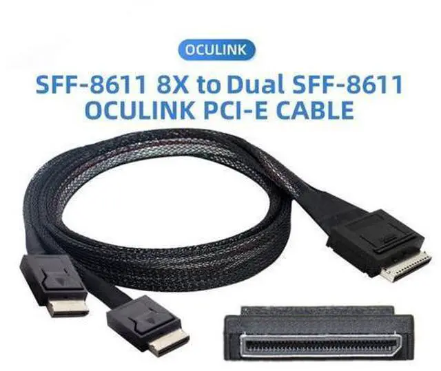 Alt view image 2 of 6 - 50cm OCuLink PCIe SFF-8611 8X 8-Lane 1 Male to 2 Male SSD Data Active Cable, Up to 16Gbps, Black, Indoor, PCIe Cable, Compatible with SSD, Personal Computer