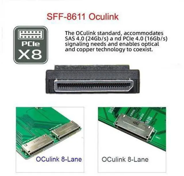 Alt view image 4 of 6 - 50cm OCuLink PCIe SFF-8611 8X 8-Lane 1 Male to 2 Male SSD Data Active Cable, Up to 16Gbps, Black, Indoor, PCIe Cable, Compatible with SSD, Personal Computer