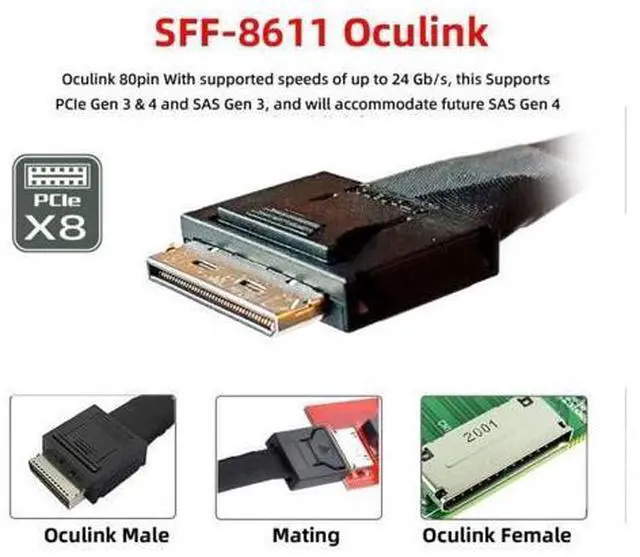 Alt view image 5 of 6 - 50cm OCuLink PCIe SFF-8611 8X 8-Lane 1 Male to 2 Male SSD Data Active Cable, Up to 16Gbps, Black, Indoor, PCIe Cable, Compatible with SSD, Personal Computer