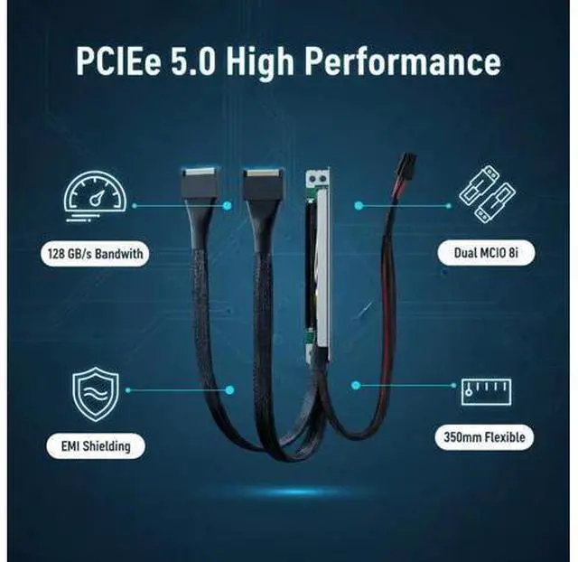 Alt view image 4 of 7 - PCIe 5.0 to Dual MCIO Riser Cable, 350mm PCIe x16 to 2X MCIO 8i 74P Extension Cable for GPU/NVMe SSD Expansion in Server Workstation (Dual MCIO, 100MM)