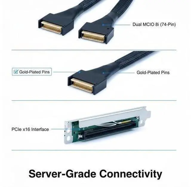 Alt view image 6 of 7 - PCIe 5.0 to Dual MCIO Riser Cable, 350mm PCIe x16 to 2X MCIO 8i 74P Extension Cable for GPU/NVMe SSD Expansion in Server Workstation (Dual MCIO, 100MM)