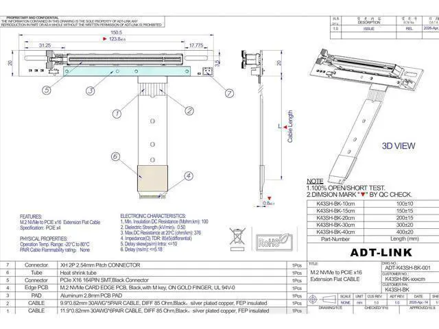 Alt view image 2 of 6 - M.2 NGFF NVMe M Key to PCIe 5.0 x16 Flat Extension Cable 128 Gbps GEN5 with Power Cord (K43SH-BK, 40cm)