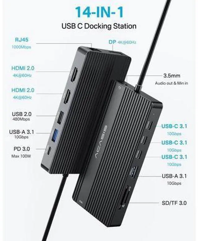 Alt view image 2 of 7 - USB C Docking Station Dual Monitor, 14 in 1 USB C Hub, Adapter with 2 HDMI+DP(4K60Hz), Ethernet, 3 USBC 10G,100W PD, SD/TF, Audio, Laptop Docking Station for D-ell/H-P/Lenovo/ThinkPad/Surface (Black)