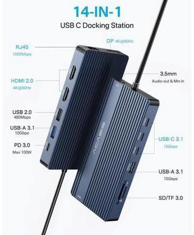 Alt view image 2 of 7 - USB C Docking Station Dual Monitor, 14 in 1 USB C Hub, Adapter with 2 HDMI+DP(4K60Hz), Ethernet, 3 USBC 10G,100W PD, SD/TF, Audio, Laptop Docking Station for D-ell/H-P/Lenovo/ThinkPad/Surface (Grey)