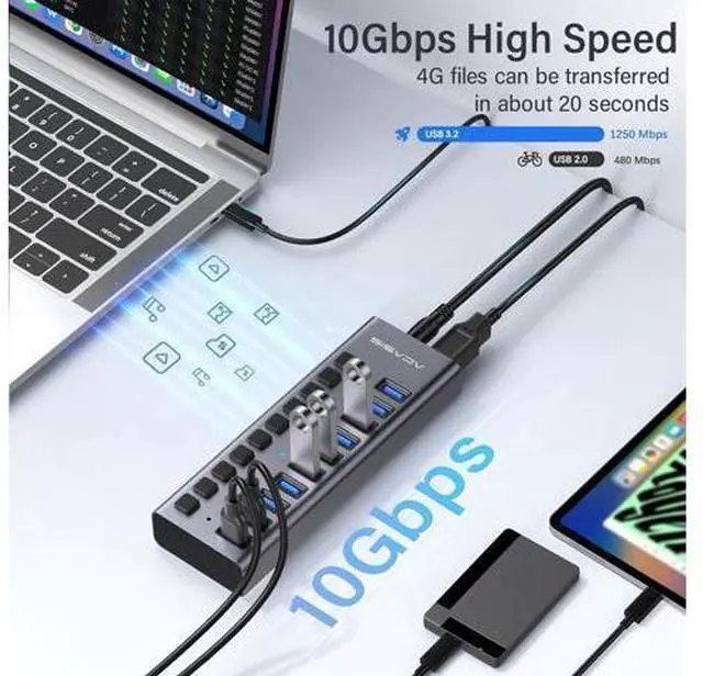 Alt view image 2 of 7 - Powered USB 3.2 Hub, 10 Ports USB 3.2 Hub with 10Gbps Data Speed, Aluminum Housing, USB Hub Powered with 48W Power Adapter, USB Hub for PC/Laptop, Computer, Flash Drive, Printer, Camera