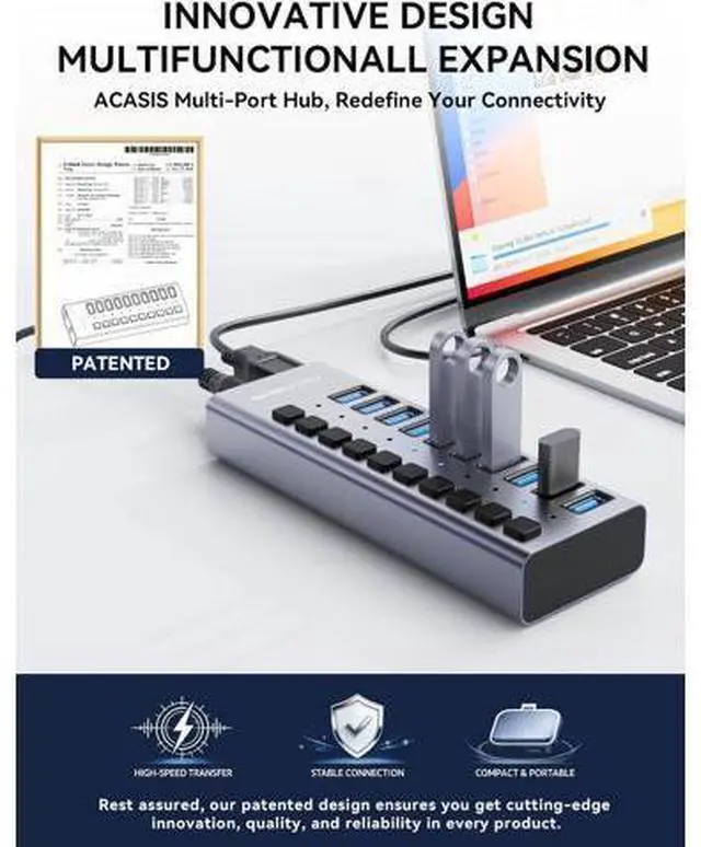Alt view image 4 of 7 - Powered USB 3.2 Hub, 10 Ports USB 3.2 Hub with 10Gbps Data Speed, Aluminum Housing, USB Hub Powered with 48W Power Adapter, USB Hub for PC/Laptop, Computer, Flash Drive, Printer, Camera