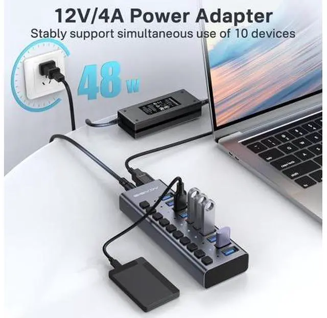 Alt view image 3 of 7 - Powered USB 3.2 Hub, 10 Ports USB 3.2 Hub with 10Gbps Data Speed, Aluminum Housing, USB Hub Powered with 48W Power Adapter, USB Hub for PC/Laptop, Computer, Flash Drive, Printer, Camera