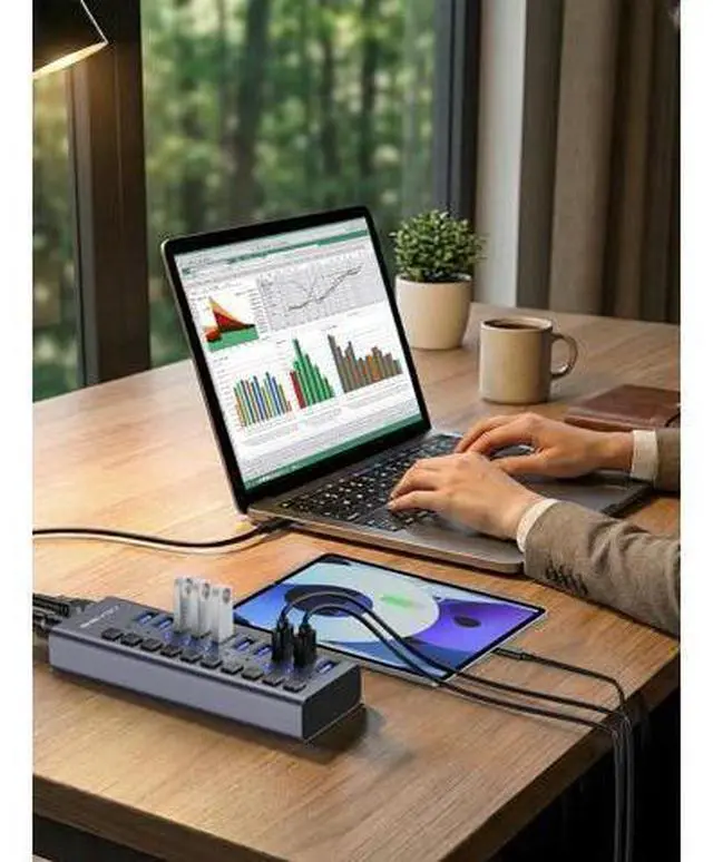 Alt view image 7 of 7 - Powered USB 3.2 Hub, 10 Ports USB 3.2 Hub with 10Gbps Data Speed, Aluminum Housing, USB Hub Powered with 48W Power Adapter, USB Hub for PC/Laptop, Computer, Flash Drive, Printer, Camera