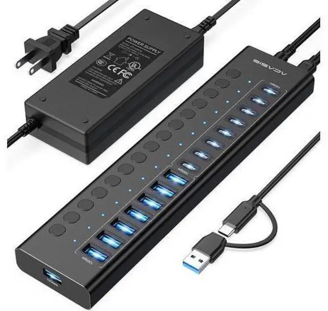 Main image of Powered USB 3.2 Hub, 16 Ports USB 3.2 Hub(8 USB-A 3.2 Ports+8 USB-C 3.2 Ports), Aluminum USB Hub Powered with 96W Power Adapter, USB Hub for PC/Laptop, Computer, Flash Drive, Printer, Camera