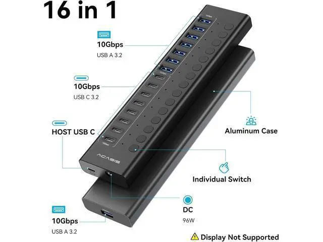 Alt view image 2 of 7 - Powered USB 3.2 Hub, 16 Ports USB 3.2 Hub(8 USB-A 3.2 Ports+8 USB-C 3.2 Ports), Aluminum USB Hub Powered with 96W Power Adapter, USB Hub for PC/Laptop, Computer, Flash Drive, Printer, Camera