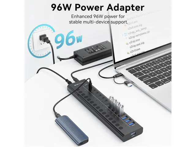 Alt view image 3 of 7 - Powered USB 3.2 Hub, 16 Ports USB 3.2 Hub(8 USB-A 3.2 Ports+8 USB-C 3.2 Ports), Aluminum USB Hub Powered with 96W Power Adapter, USB Hub for PC/Laptop, Computer, Flash Drive, Printer, Camera
