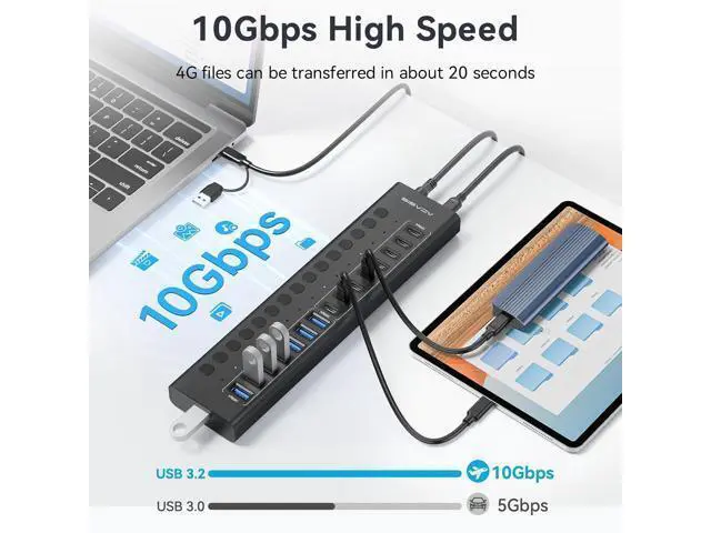 Alt view image 4 of 7 - Powered USB 3.2 Hub, 16 Ports USB 3.2 Hub(8 USB-A 3.2 Ports+8 USB-C 3.2 Ports), Aluminum USB Hub Powered with 96W Power Adapter, USB Hub for PC/Laptop, Computer, Flash Drive, Printer, Camera