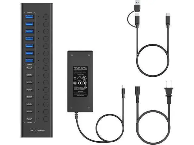 Alt view image 6 of 7 - Powered USB 3.2 Hub, 16 Ports USB 3.2 Hub(8 USB-A 3.2 Ports+8 USB-C 3.2 Ports), Aluminum USB Hub Powered with 96W Power Adapter, USB Hub for PC/Laptop, Computer, Flash Drive, Printer, Camera