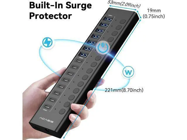 Alt view image 7 of 7 - Powered USB 3.2 Hub, 16 Ports USB 3.2 Hub(8 USB-A 3.2 Ports+8 USB-C 3.2 Ports), Aluminum USB Hub Powered with 96W Power Adapter, USB Hub for PC/Laptop, Computer, Flash Drive, Printer, Camera