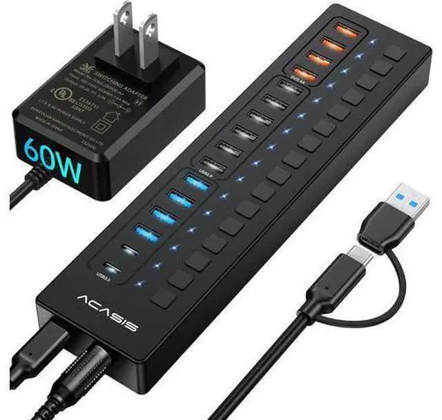 Main image of Powered USB 3.0 Hub, 16 Port USB Hub Powered(Include 2*USB C 3.0+4 Smart Charging Port) with 60W Power Adapter, Support Wall Mount, USB Hub for PC Laptop, Mac, Printer, Camera