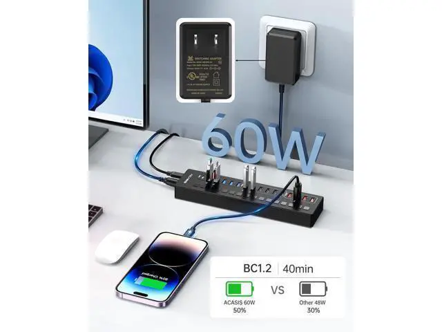 Alt view image 4 of 7 - 7 Ports USB 3.1 Hub Bundle with Powered USB 3.0 Hub, Include 7 * 10Gbps USB 3.1 A, 2*USB C 3.0+4 Smart Charging Port, 60W & 24W Power Adapter, USB Hub for PC/Laptop, Computer