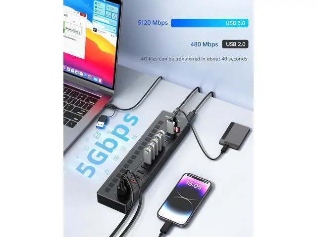 Alt view image 7 of 7 - Powered USB 3.0 Hub, 16 Port USB Hub Powered(Include 2*USB C 3.0+4 Smart Charging Port) with 60W Power Adapter, Support Wall Mount, USB Hub for PC Laptop, Mac, Printer, Camera
