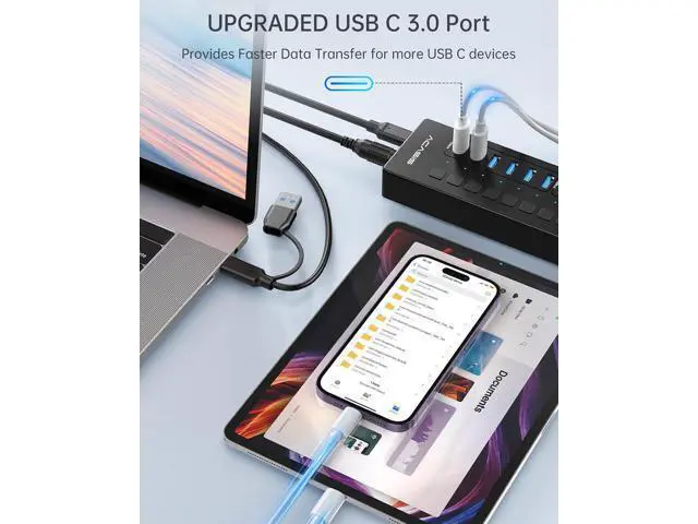 Alt view image 6 of 7 - 7 Ports USB 3.1 Hub Bundle with Powered USB 3.0 Hub, Include 7 * 10Gbps USB 3.1 A, 2*USB C 3.0+4 Smart Charging Port, 60W & 24W Power Adapter, USB Hub for PC/Laptop, Computer