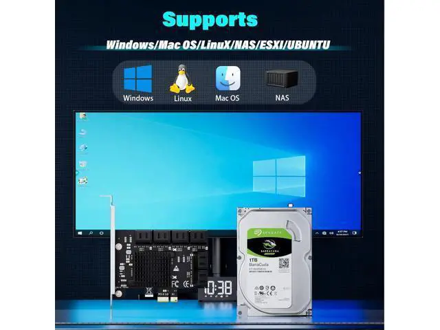 Alt view image 6 of 7 - 12-Port SATA Expansion Card (PCIe 3.0 x1 to 6Gbps SATA Card), Compatible with Windows/Mac/Linux/NAS
